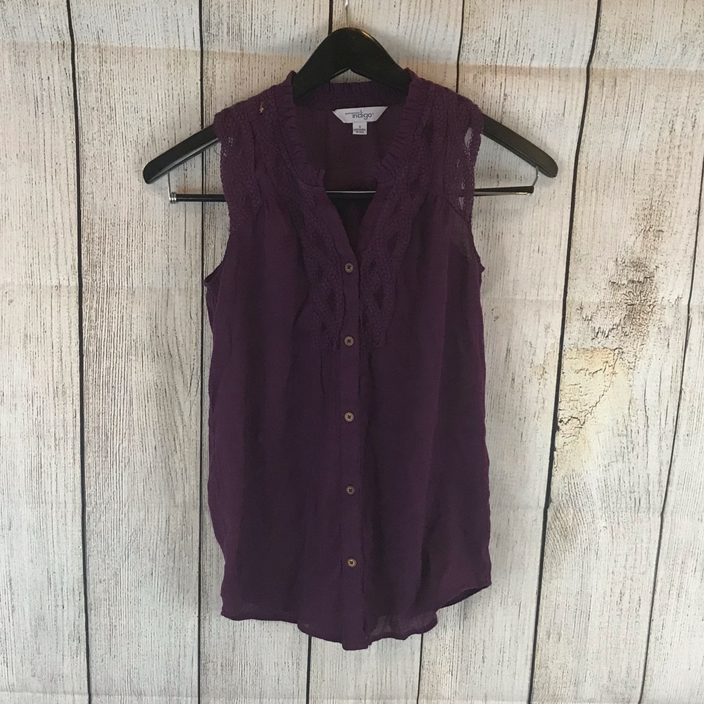 Indigo S Purple Sleeveless Top with Lace Detail
